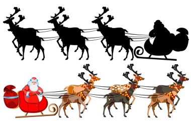 Noel Baba hediye bir avuç Ren geyiği ile bir atlı kızak üzerinde. Noel Baba silüeti. Resimde beyaz arka plan üzerinde.