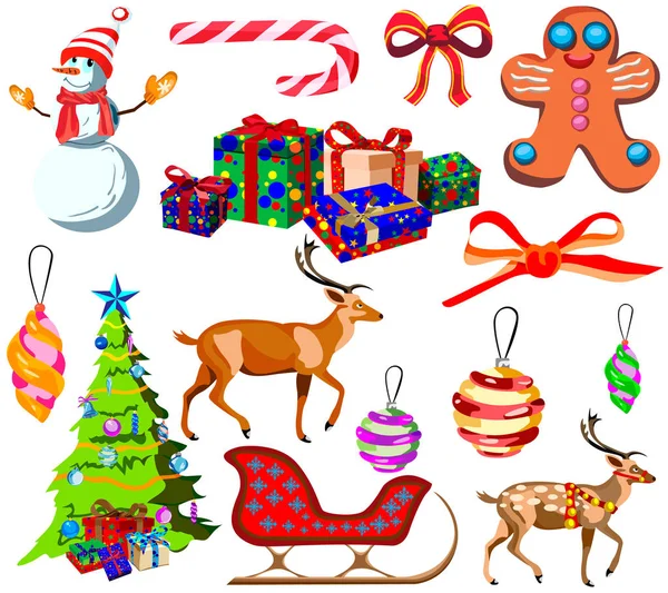 Conjunto Feliz Navidad Año Nuevo Iconos Dibujos Animados Ilustraciones Aislados — Vector de stock