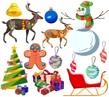 Mutlu Noel ve yeni yıl, karikatür simgeleri, illüstrasyon, beyaz arka plan üzerinde izole için ayarla