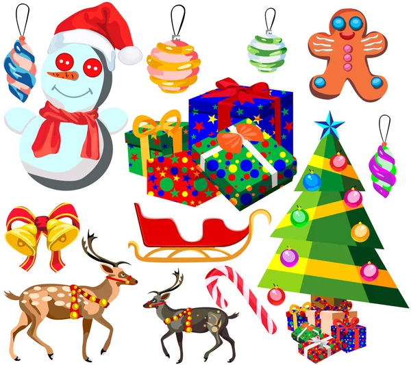 Conjunto Feliz Navidad Año Nuevo Iconos Dibujos Animados Ilustraciones Aislados — Vector de stock