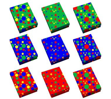 Farklı renkteki dokuz hediye kutuları kümesi resimde beyaz bir arka plan üzerinde