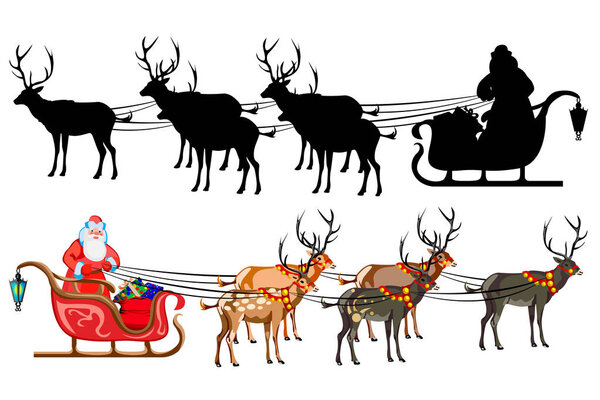 Santa Claus on a sleigh with reindeer, with a handful of gifts. Silhouette of santa claus. Illustration on white background.