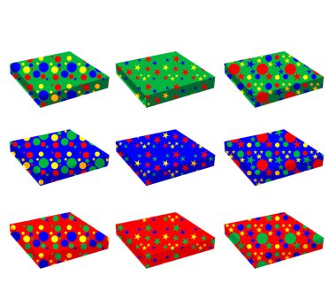 Farklı renkteki dokuz hediye kutuları kümesi resimde beyaz bir arka plan üzerinde