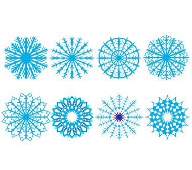 Çeşitli şekiller, yedi kar taneleri kümesi üzerinde beyaz bir arka plan illüstrasyon