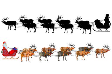 Noel Baba hediye bir avuç Ren geyiği ile bir atlı kızak üzerinde. Noel Baba silüeti. Resimde beyaz arka plan üzerinde.