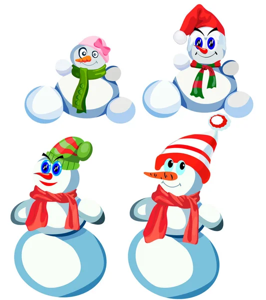 Conjunto Cuatro Muñecos Nieve Varios Tocados Diferentes Bufandas Vector Sobre — Archivo Imágenes Vectoriales