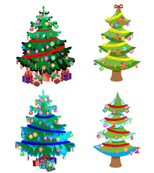 Star Decorations Balls Light Chains Decorated Christmas Trees Lots Gift — Stock Vector