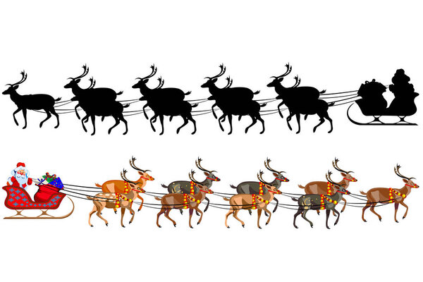 Santa Claus on a sleigh with reindeer, with a handful of gifts. Silhouette of santa claus. Illustration on white background.