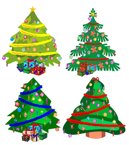 Sternenschmuck Kugeln Und Lichterketten Schmückten Weihnachtsbäume Mit Vielen Geschenkschachteln Isoliert — Stockvektor