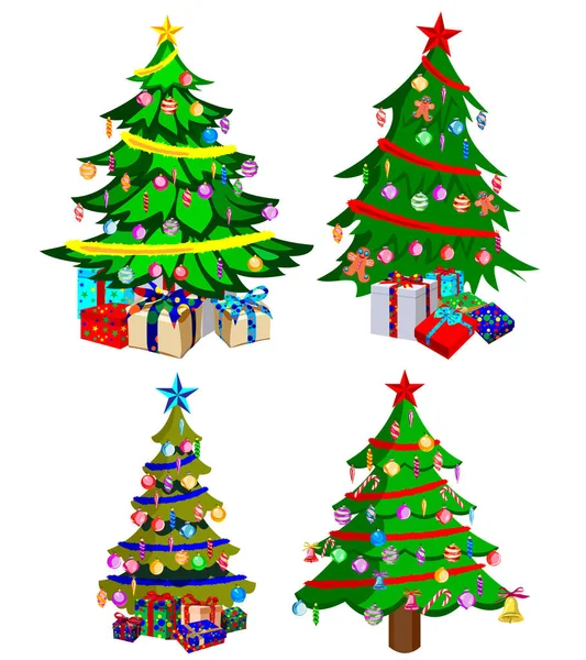 Yıldız dekorasyon, toplar ve hafif zincirleri Noel ağaçları ile lots-in hediye kutuları dekore edilmiştir. Beyaz arka plan üzerinde izole. Noel ağaçları kümesi.