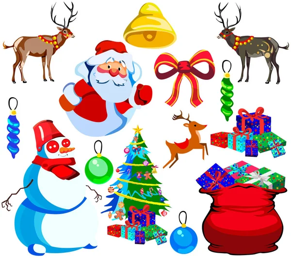 Mutlu Noel ve yeni yıl, karikatür simgeleri, illüstrasyon, beyaz arka plan üzerinde izole için ayarla