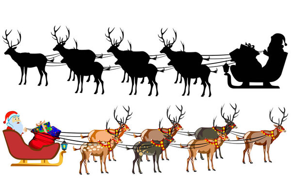 Santa Claus on a sleigh with reindeer, with a handful of gifts. Silhouette of santa claus. Illustration on white background.