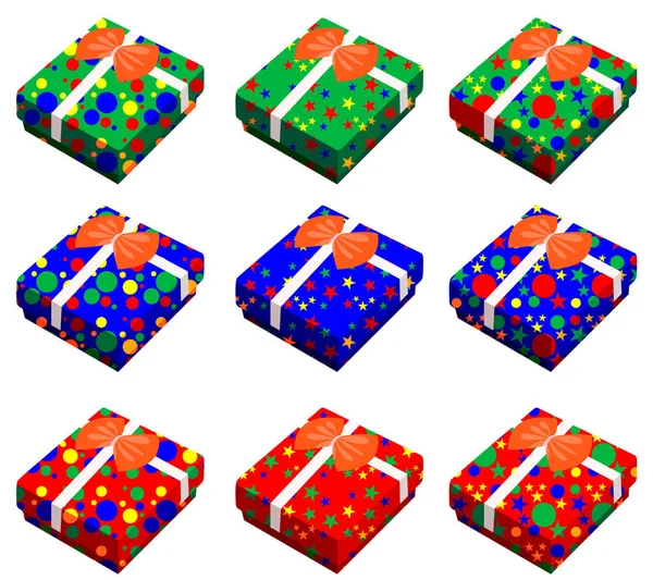 Set Aus Neun Geschenkschachteln Verschiedenen Farben Abbildung Auf Weißem Hintergrund — Stockvektor