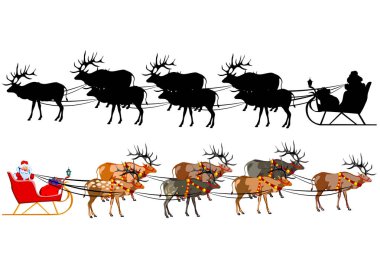Noel Baba hediye bir avuç Ren geyiği ile bir atlı kızak üzerinde. Noel Baba silüeti. Resimde beyaz arka plan üzerinde.