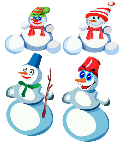 Set Van Vier Sneeuwpoppen Verschillende Hoofdtooien Verschillende Sjaals Vector Een — Stockvector
