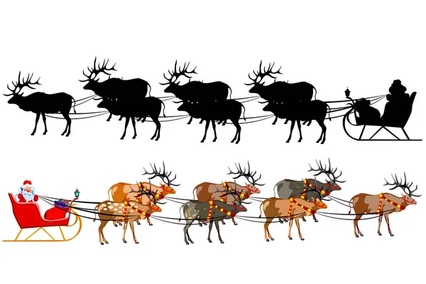 ギフトの一握りで トナカイとそりでサンタ クロース サンタ クロースのシルエット 白い背景の上の図 — ストックベクタ