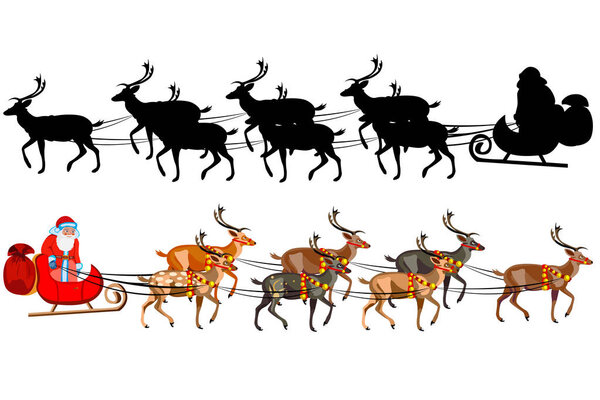 Santa Claus on a sleigh with reindeer, with a handful of gifts. Silhouette of santa claus. Illustration on white background.