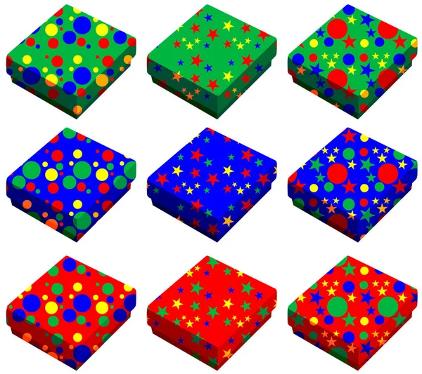 Farklı renkteki dokuz hediye kutuları kümesi resimde beyaz bir arka plan üzerinde