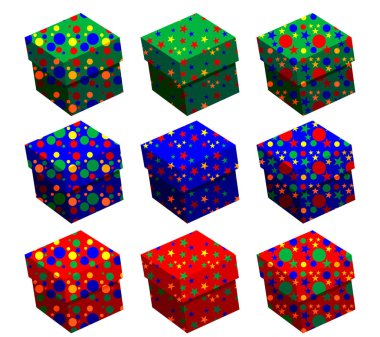 Farklı renkteki dokuz hediye kutuları kümesi resimde beyaz bir arka plan üzerinde