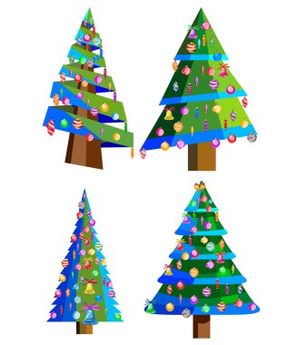 Yıldız dekorasyon, toplar ve hafif zincirleri Noel ağaçları ile lots-in hediye kutuları dekore edilmiştir. Beyaz arka plan üzerinde izole. Noel ağaçları kümesi.