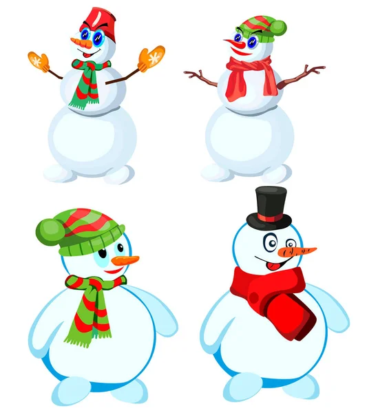 Σύνολο Τέσσερις Χιονάνθρωπους Διάφορα Καπέλα Και Διαφορετικά Κασκόλ Διάνυσμα Λευκό — Διανυσματικό Αρχείο