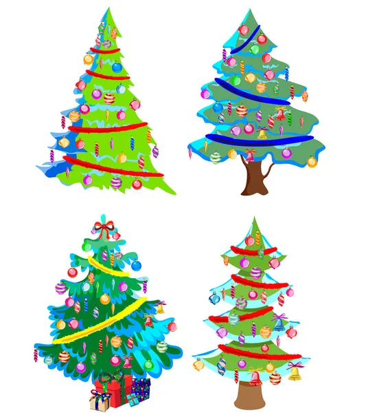 Star Decorations Balls Light Chains Decorated Christmas Trees Lots Gift — Stock Vector