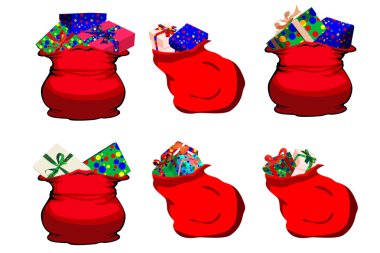 Noel Baba çanta içinde farklı hediyelerle kümesi. Resimde beyaz arka plan üzerinde.