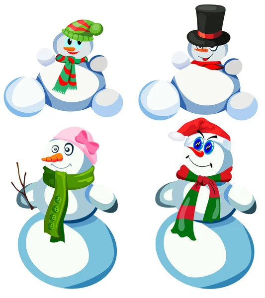 Conjunto Cuatro Muñecos Nieve Varios Tocados Diferentes Bufandas Vector Sobre — Archivo Imágenes Vectoriales