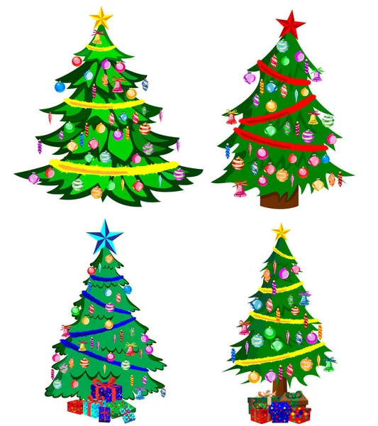 Yıldız dekorasyon, toplar ve hafif zincirleri Noel ağaçları ile lots-in hediye kutuları dekore edilmiştir. Beyaz arka plan üzerinde izole. Noel ağaçları kümesi.