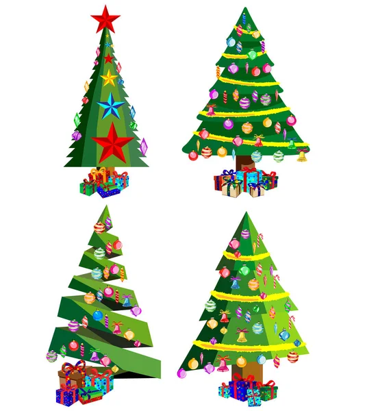 Yıldız dekorasyon, toplar ve hafif zincirleri Noel ağaçları ile lots-in hediye kutuları dekore edilmiştir. Beyaz arka plan üzerinde izole. Noel ağaçları kümesi.
