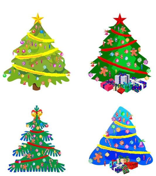 Star Decorations Balls Light Chains Decorated Christmas Trees Lots Gift — Stock Vector