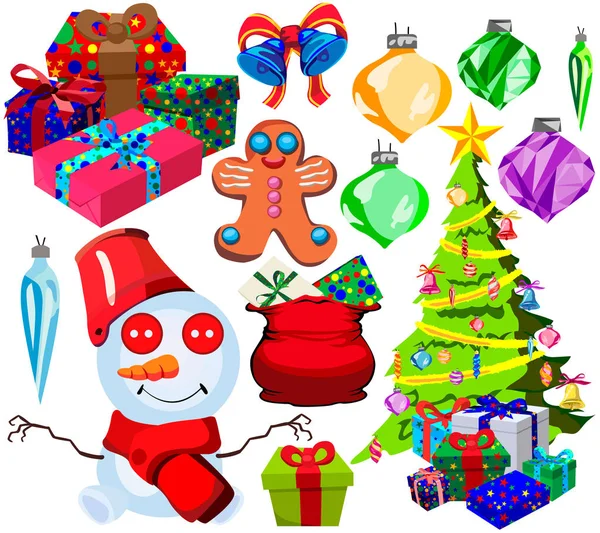 Instellen Voor Gelukkig Kerstmis Nieuwjaar Cartoon Pictogrammen Illustraties Geïsoleerd Witte — Stockvector