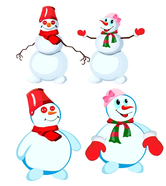 Set Van Vier Sneeuwpoppen Verschillende Hoofdtooien Verschillende Sjaals Vector Een — Stockvector