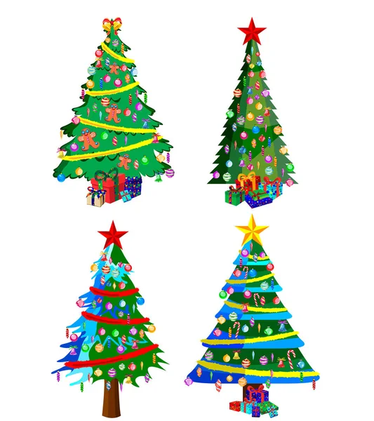 Star Decorations Balls Light Chains Decorated Christmas Trees Lots Gift — Stock Vector