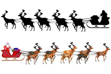 Noel Baba hediye bir avuç Ren geyiği ile bir atlı kızak üzerinde. Noel Baba silüeti. Resimde beyaz arka plan üzerinde.