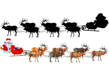 Noel Baba hediye bir avuç Ren geyiği ile bir atlı kızak üzerinde. Noel Baba silüeti. Resimde beyaz arka plan üzerinde.