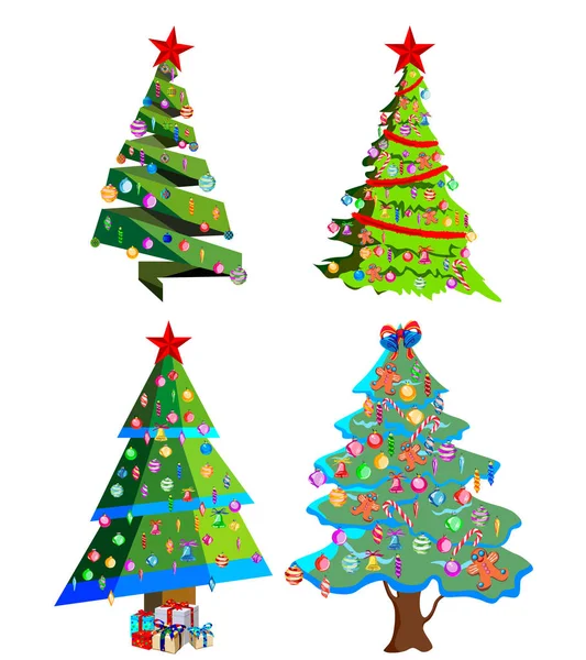 Yıldız dekorasyon, toplar ve hafif zincirleri Noel ağaçları ile lots-in hediye kutuları dekore edilmiştir. Beyaz arka plan üzerinde izole. Noel ağaçları kümesi.