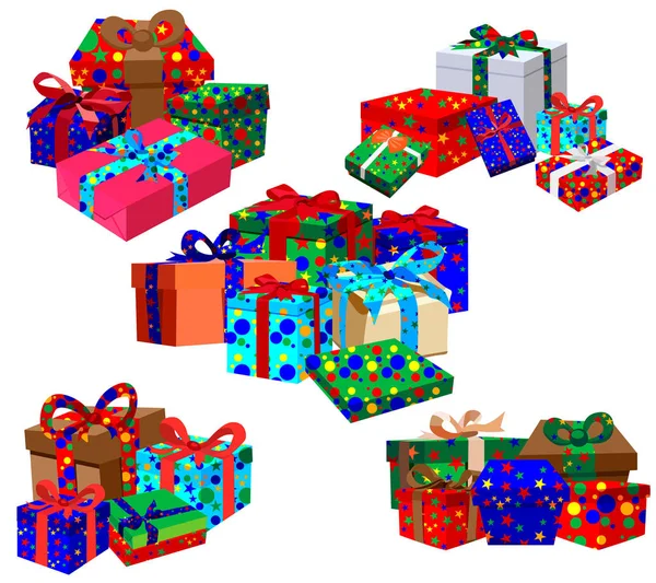 Cadeaux Ensemble Cadeaux Pour Noël Différentes Couleurs Formes Cinq Illustrations — Image vectorielle