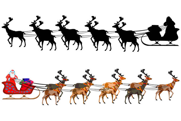 Santa Claus on a sleigh with reindeer, with a handful of gifts. Silhouette of santa claus. Illustration on white background.