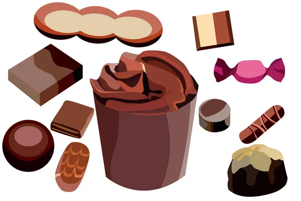 Ensemble Icônes Bonbons Chocolat Nombreux Bonbons Différents — Image vectorielle