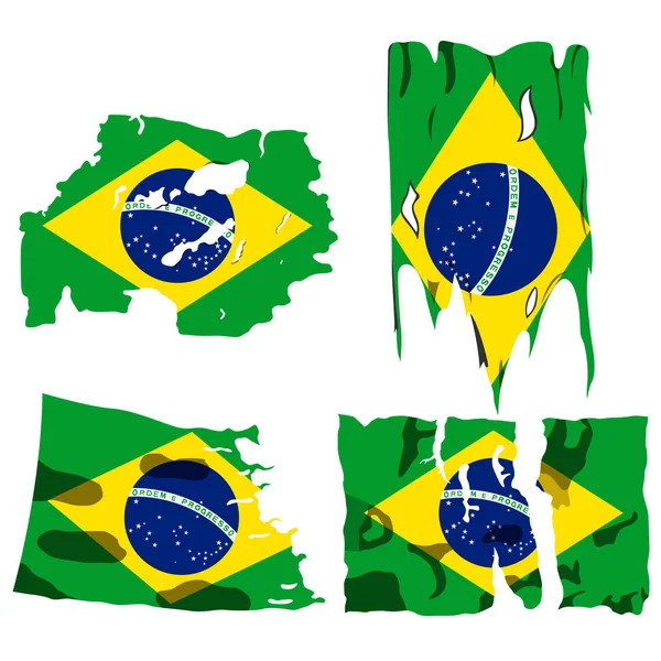 つのフラグ 引き裂かれたフラグ ブラジルの国旗 白い背景に分離されたベクトルのイラストのセット — ストックベクタ
