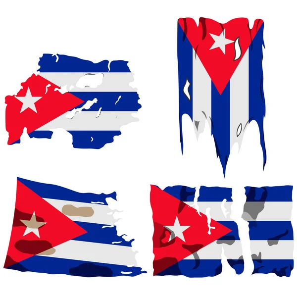 Conjunto Cuatro Banderas Ilustración Banderas Rasgadas Bandera Cuba Vector Aislado — Archivo Imágenes Vectoriales