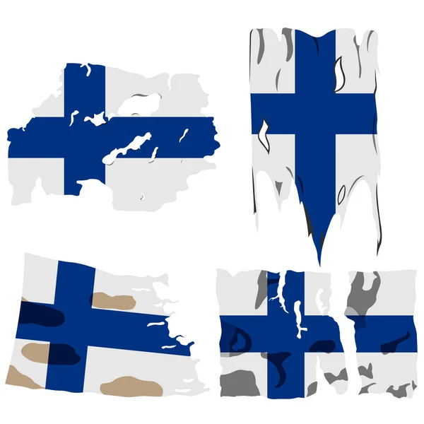 Conjunto Cuatro Banderas Ilustración Banderas Rotas Bandera Finlandia Vector Aislado — Vector de stock
