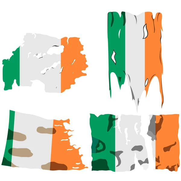 四面旗子集合 被撕毁的旗子的例证 爱尔兰旗子 在白色背景查出的向量 — 图库矢量图片