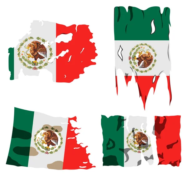 Conjunto Cuatro Banderas Ilustración Banderas Rasgadas Bandera México Vector Aislado — Archivo Imágenes Vectoriales