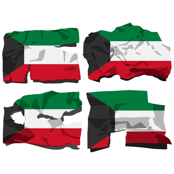 Zestaw Czterech Flagi Ilustracja Poszarpane Flagi Flaga Kuwejtu Białym Tle — Wektor stockowy