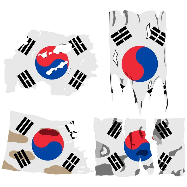 Set Four Flags Illustration Torn Flags South Korea Flag Vector — Stock Vector