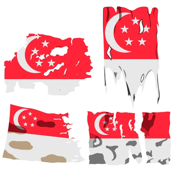Set Four Flags Illustration Torn Flags Singapore Flag Vector Isolated — Stock Vector