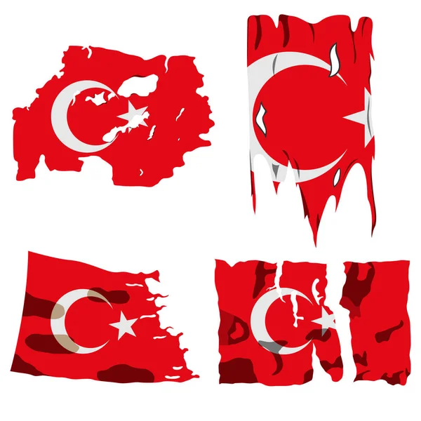 Dizi Dört Bayraklar Yırtık Bayrakları Türkiye Bayrağı Beyaz Arka Plan — Stok Vektör