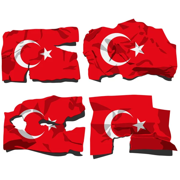 Conjunto Cuatro Banderas Ilustración Banderas Rotas Bandera Turquía Vector Aislado — Archivo Imágenes Vectoriales